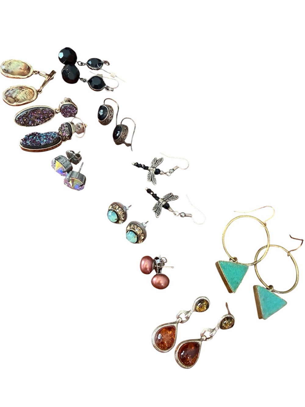 Lot of 10 Pairs of Pierced Earrings - studs & dangle - Various Stones & finishes